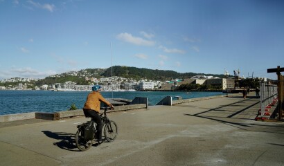 A cyclist rides along the Wellington waterfront on a sunny day