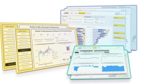 Several different dashboards with line graphs, bar graphs, and other data visualisations